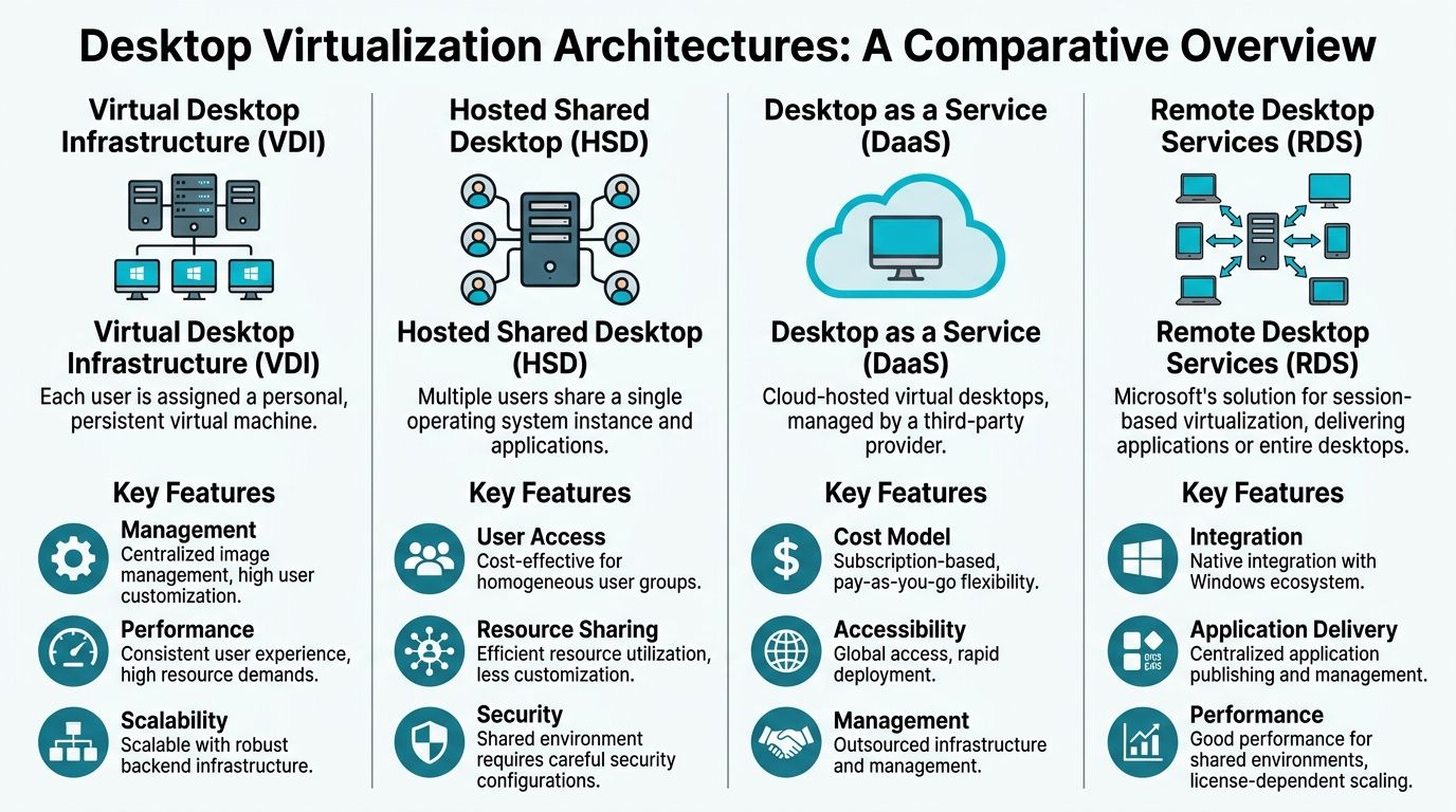 A comparison chart outlining four different desktop virtualization architectures including VDI, HSD, DaaS, and RDS.