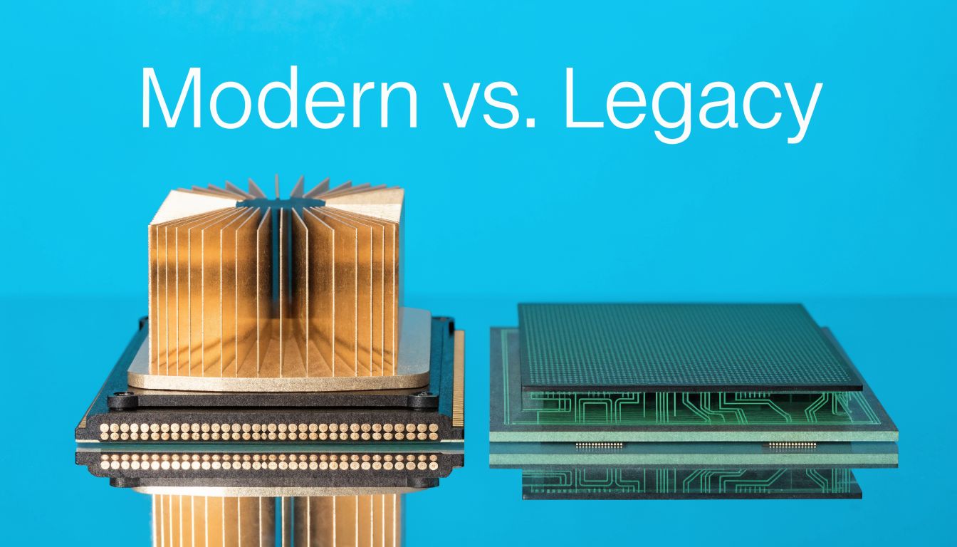 A conceptual comparison between a legacy CPU with a heatsink and a modern processor chip on a desk.