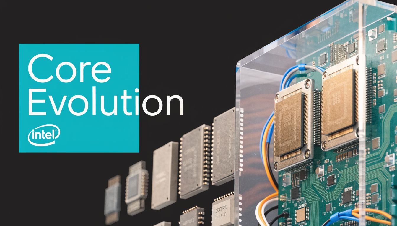 A conceptual graphic illustrating Intel processor evolution with vintage microchips displayed alongside a modern printed circuit board.