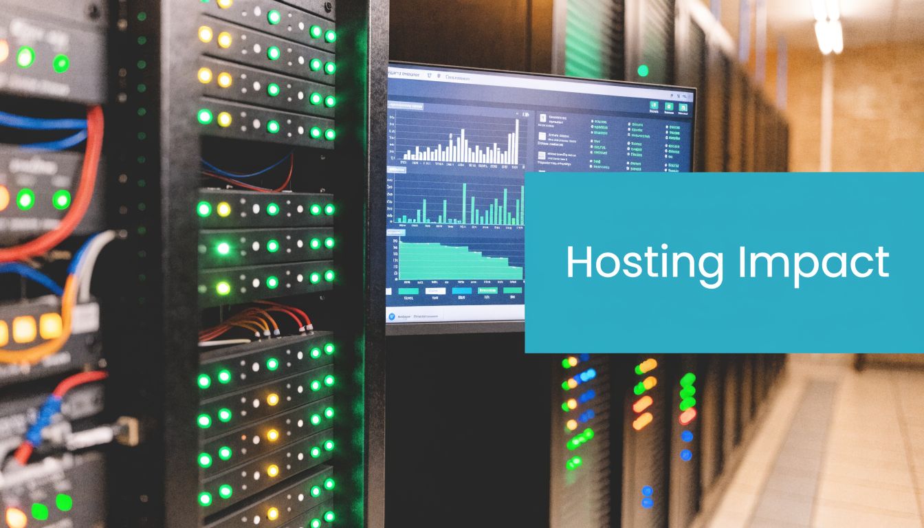 A rack of server hardware with blinking green status lights and a monitor displaying data charts.