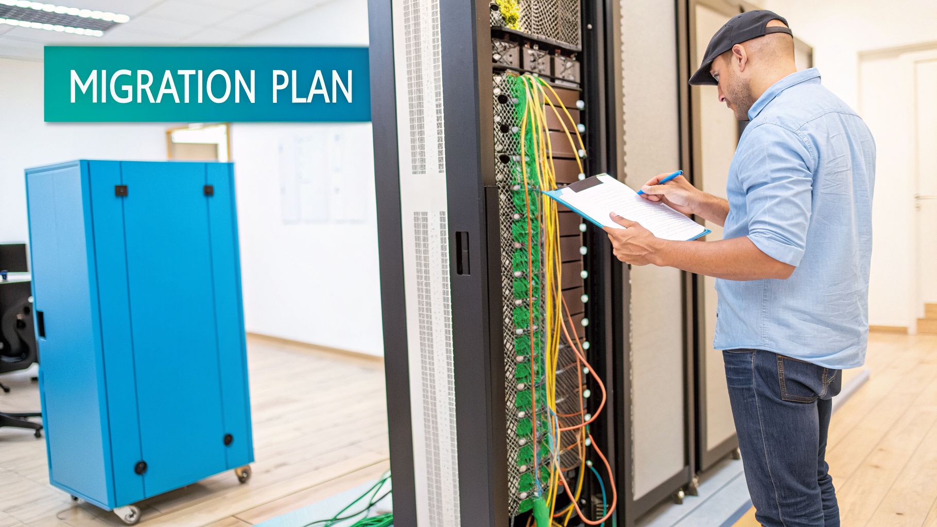 A man reviews a migration plan, checking a server rack with colorful cables in a data center.