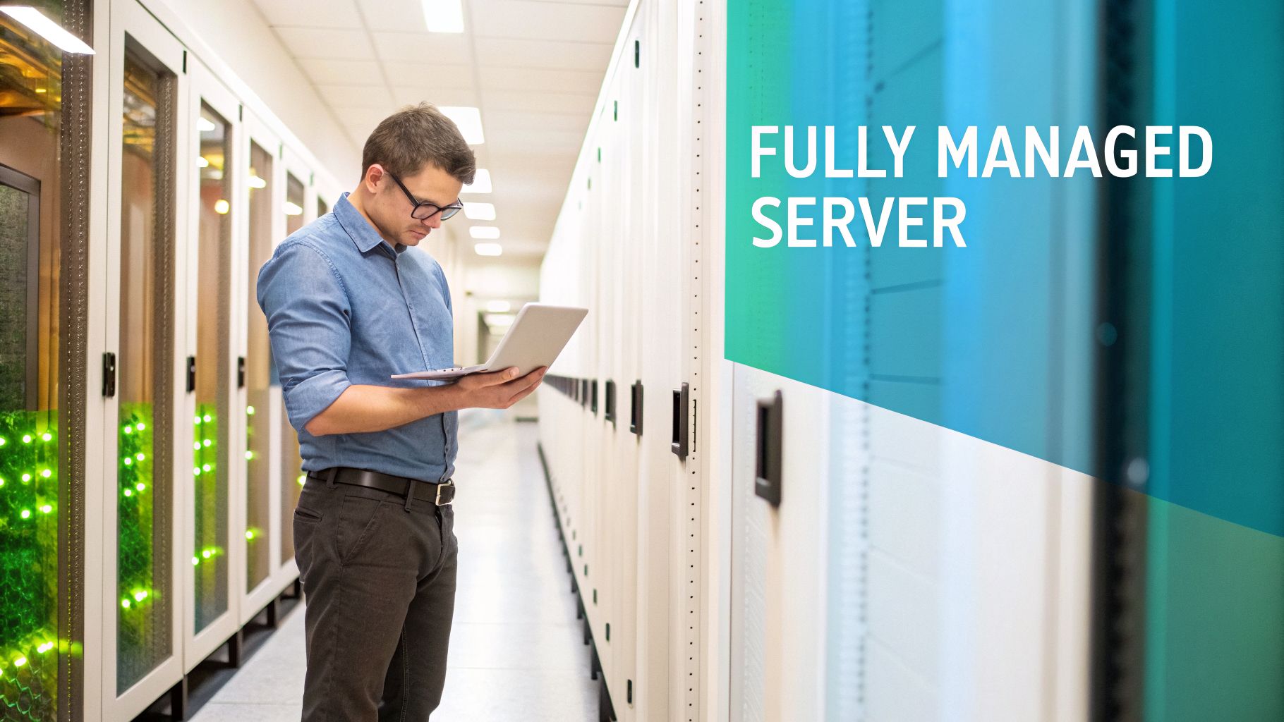 A man in a denim shirt and glasses uses a laptop in a modern data center with server racks.