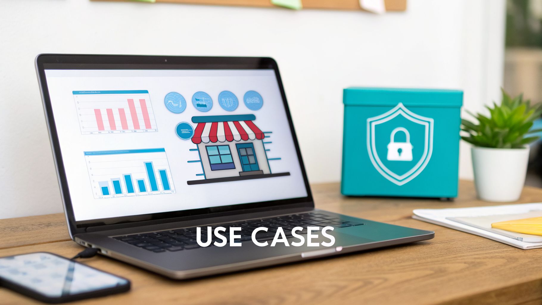 A laptop screen showing business charts and a store icon, with a security box and phone on a desk, illustrating use cases.