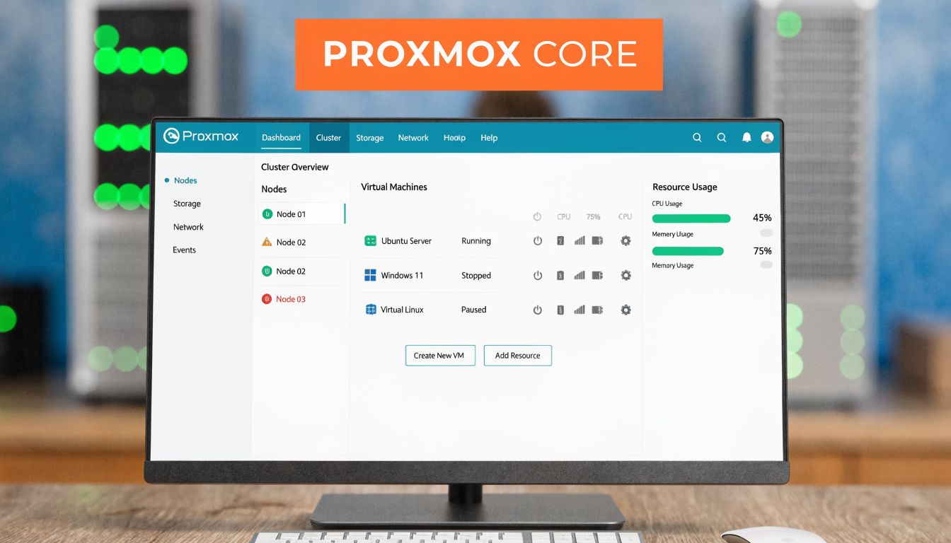 A professional computer monitor displaying the Proxmox virtual machine management dashboard for home data center monitoring.