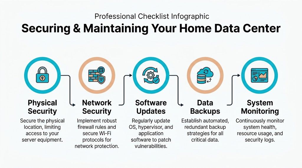 A professional checklist infographic detailing five essential steps for securing and maintaining a home data center.