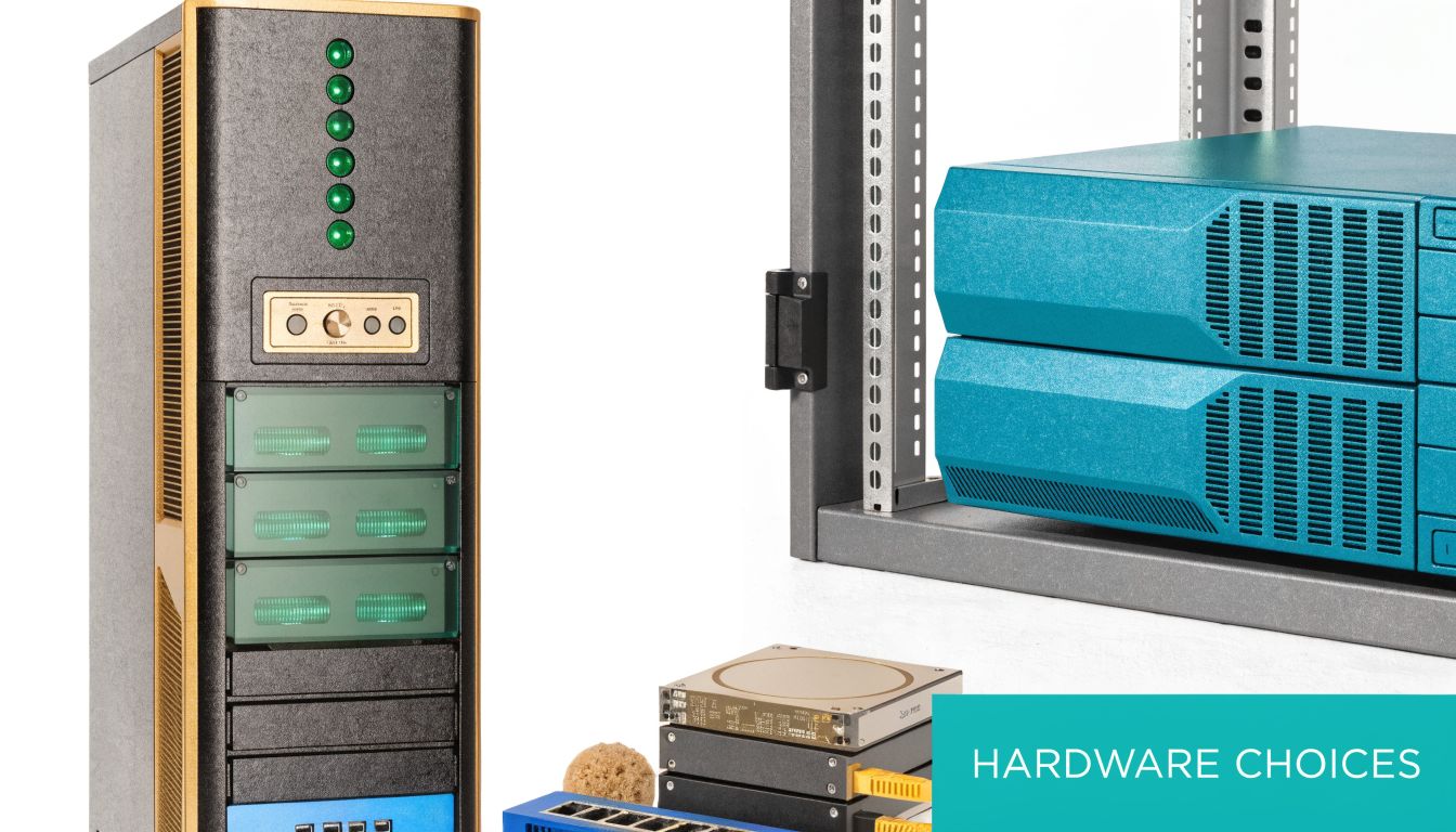 A modern home data center setup featuring a tower server, rack-mount equipment, and storage drives.