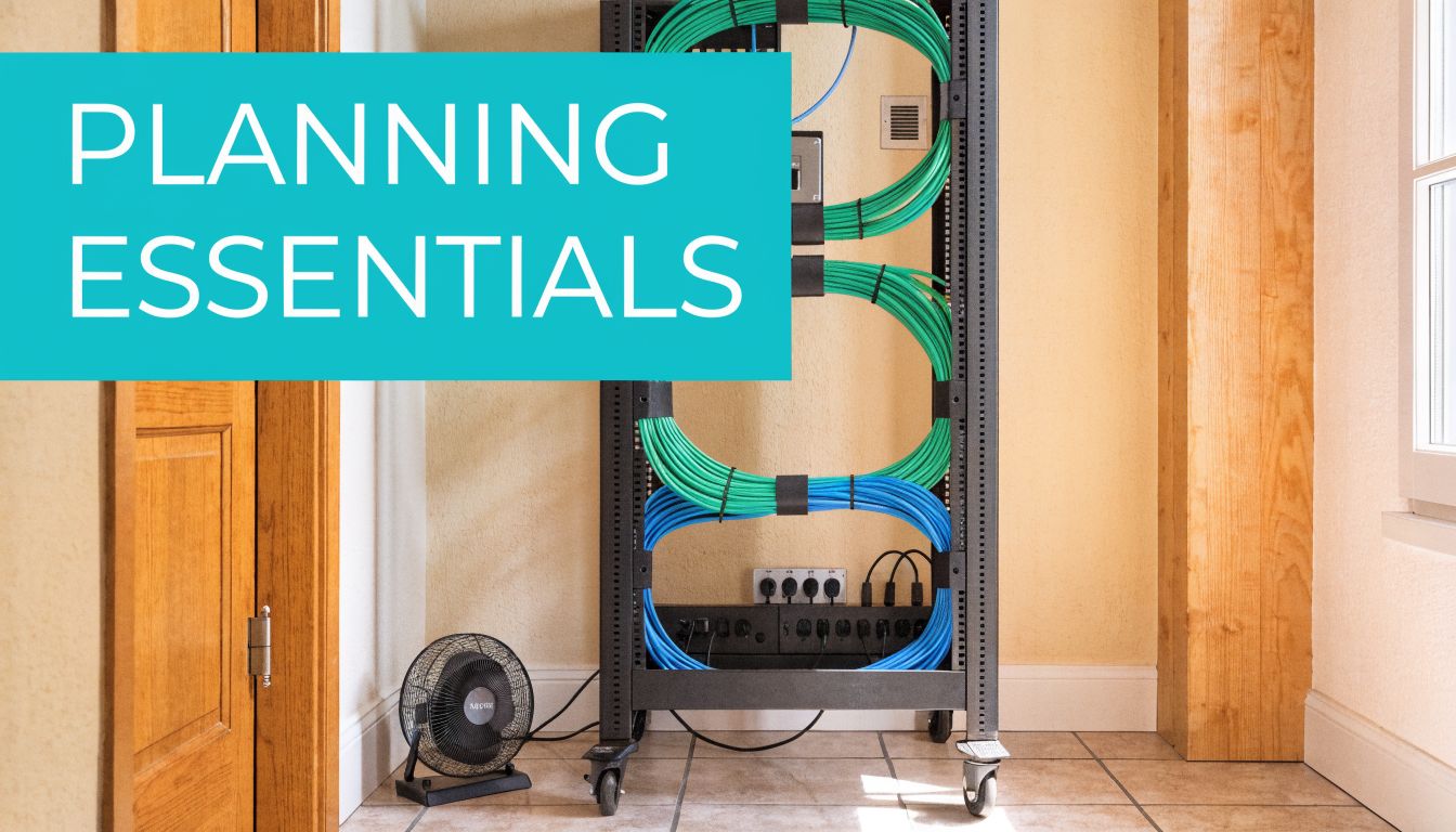 A portable server rack with organized cables positioned on a tile floor next to a small fan.