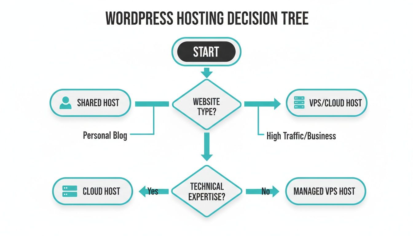 A WordPress hosting decision tree flowchart visually guiding users to shared, VPS/cloud, or managed VPS hosting.