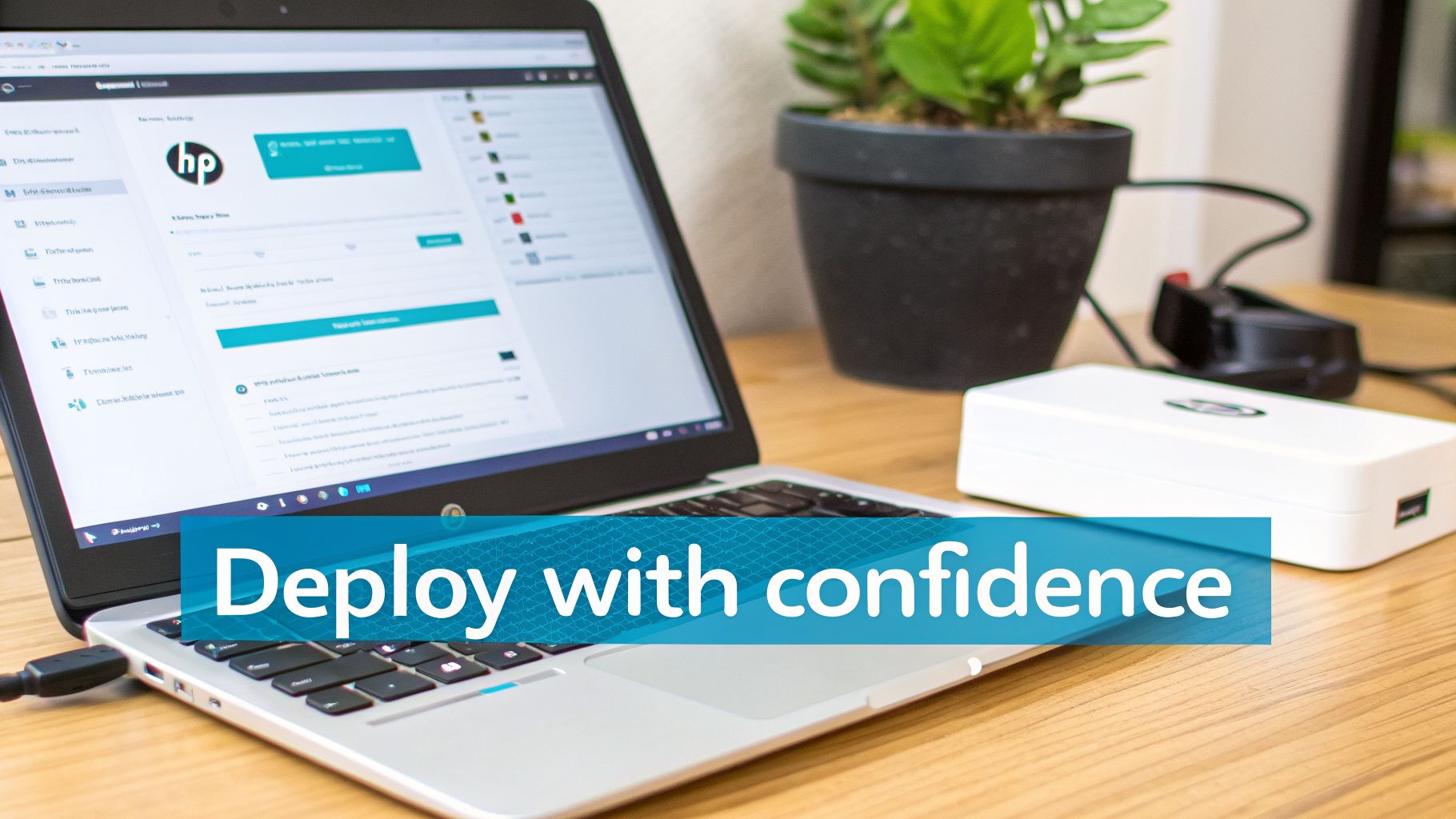 Laptop on a wooden desk showing an HP webpage, next to a power bank, with 'Deploy with confidence' banner.