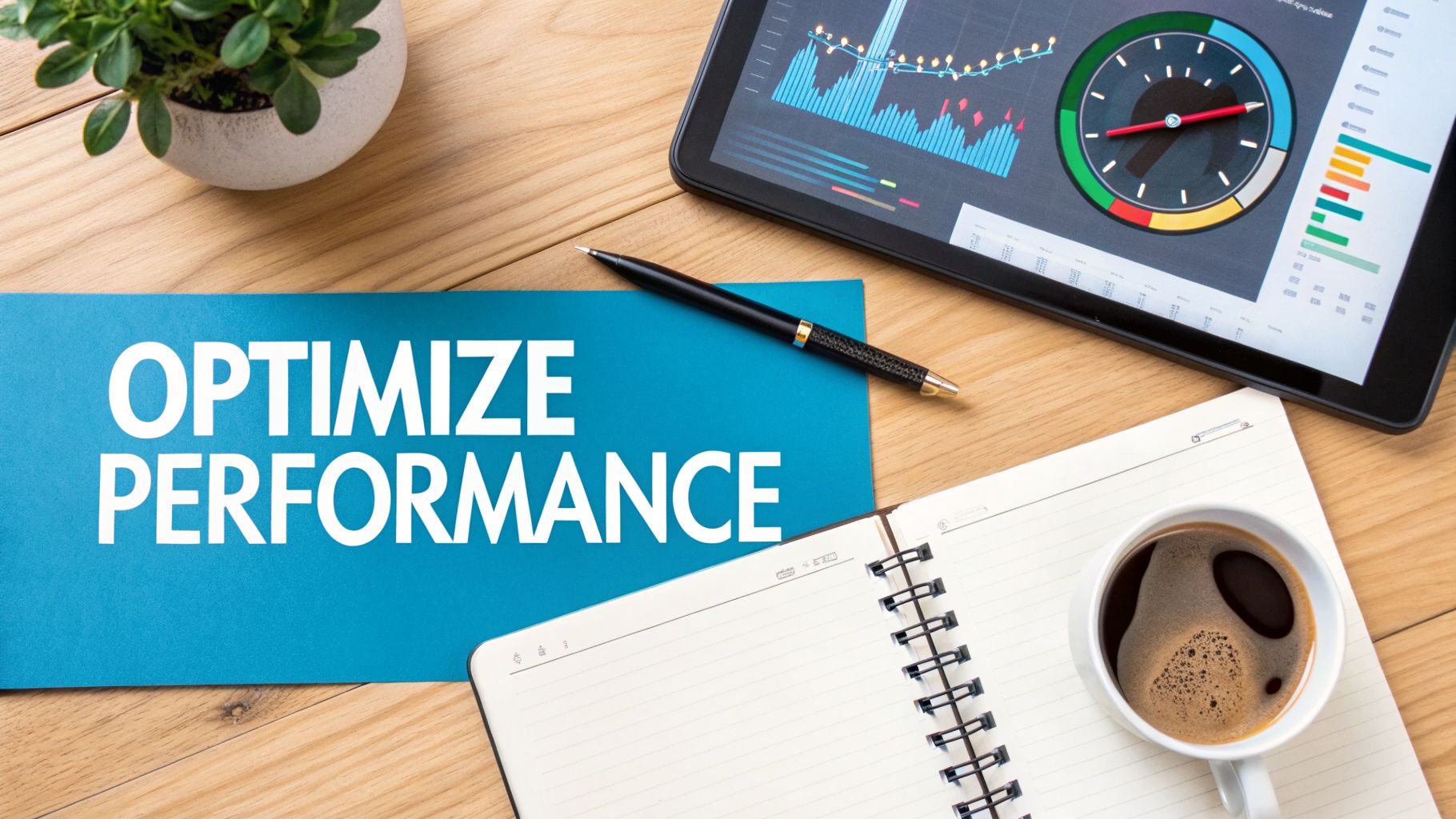 Overhead view of a desk with a tablet showing performance metrics and 'OPTIMIZE PERFORMANCE' text.