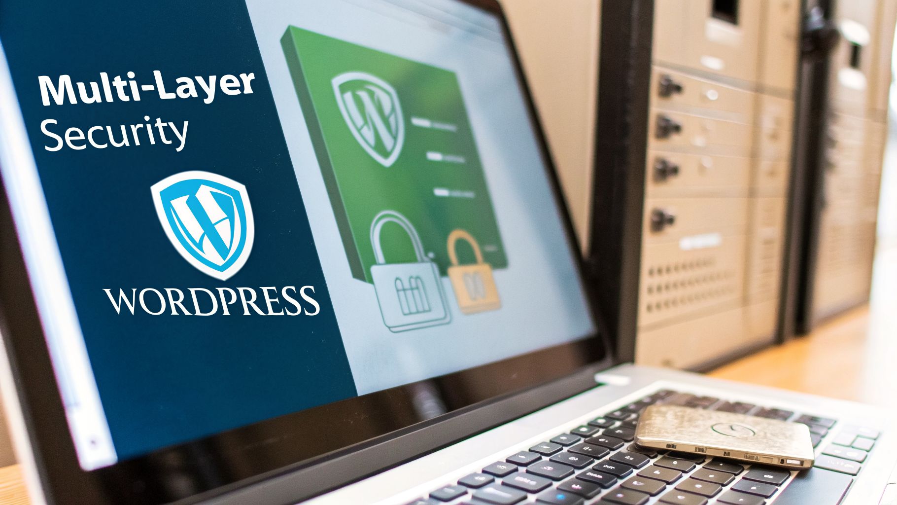 A laptop screen shows 'Multi-Layer Security WordPress' with shield and padlock icons, next to server racks.