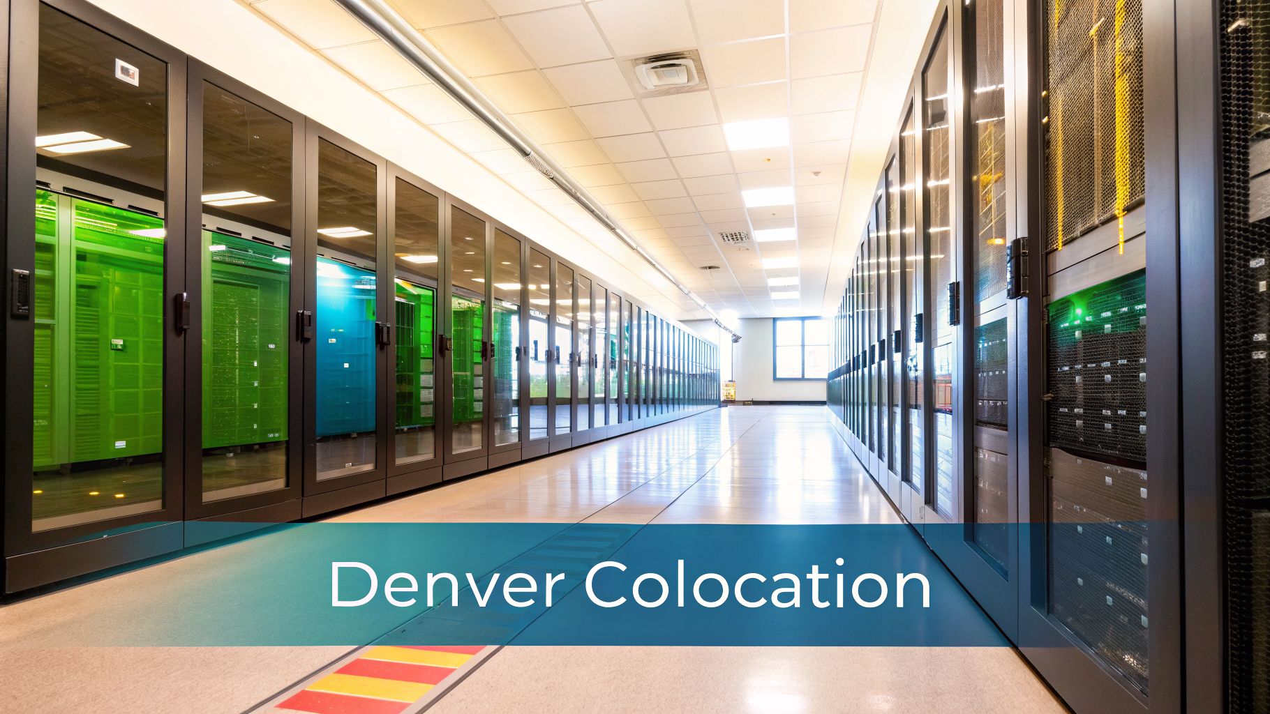 A long aisle in a modern data center with rows of server racks, some illuminated in green and blue.