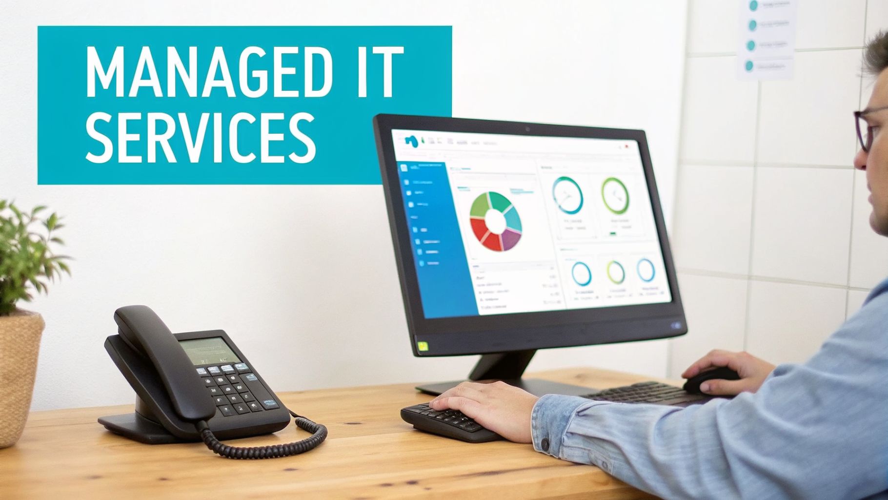 A person works at a computer displaying data charts, with a 'Managed IT Services' sign.