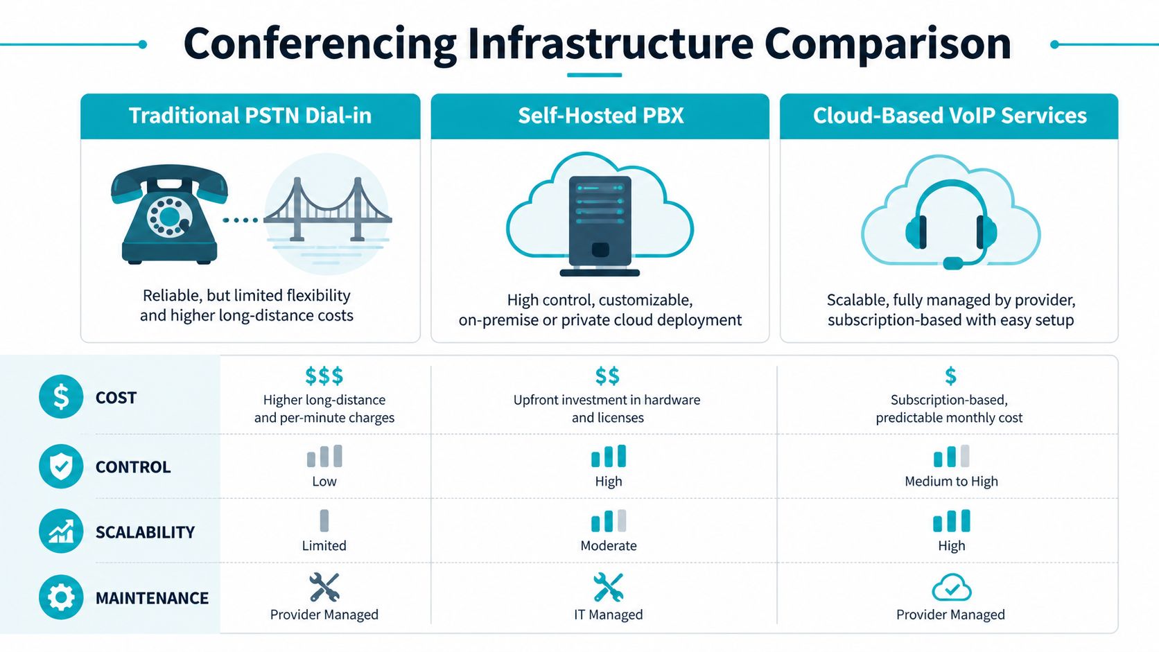 A comparison chart showing the differences between traditional PSTN, self-hosted PBX, and cloud-based VoIP conferencing infrastructure.