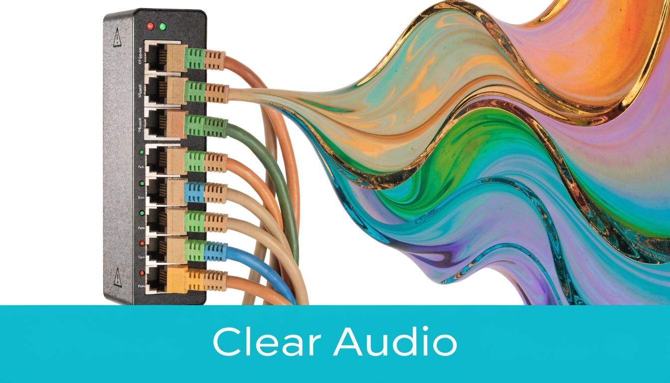 A black network switch with colorful Ethernet cables flowing into a fluid wave of vibrant colors.