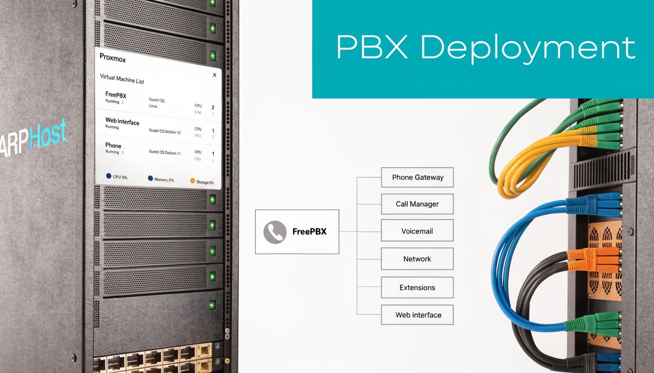 A server rack hosting Proxmox and FreePBX, displaying a PBX deployment diagram with connected networking cables.