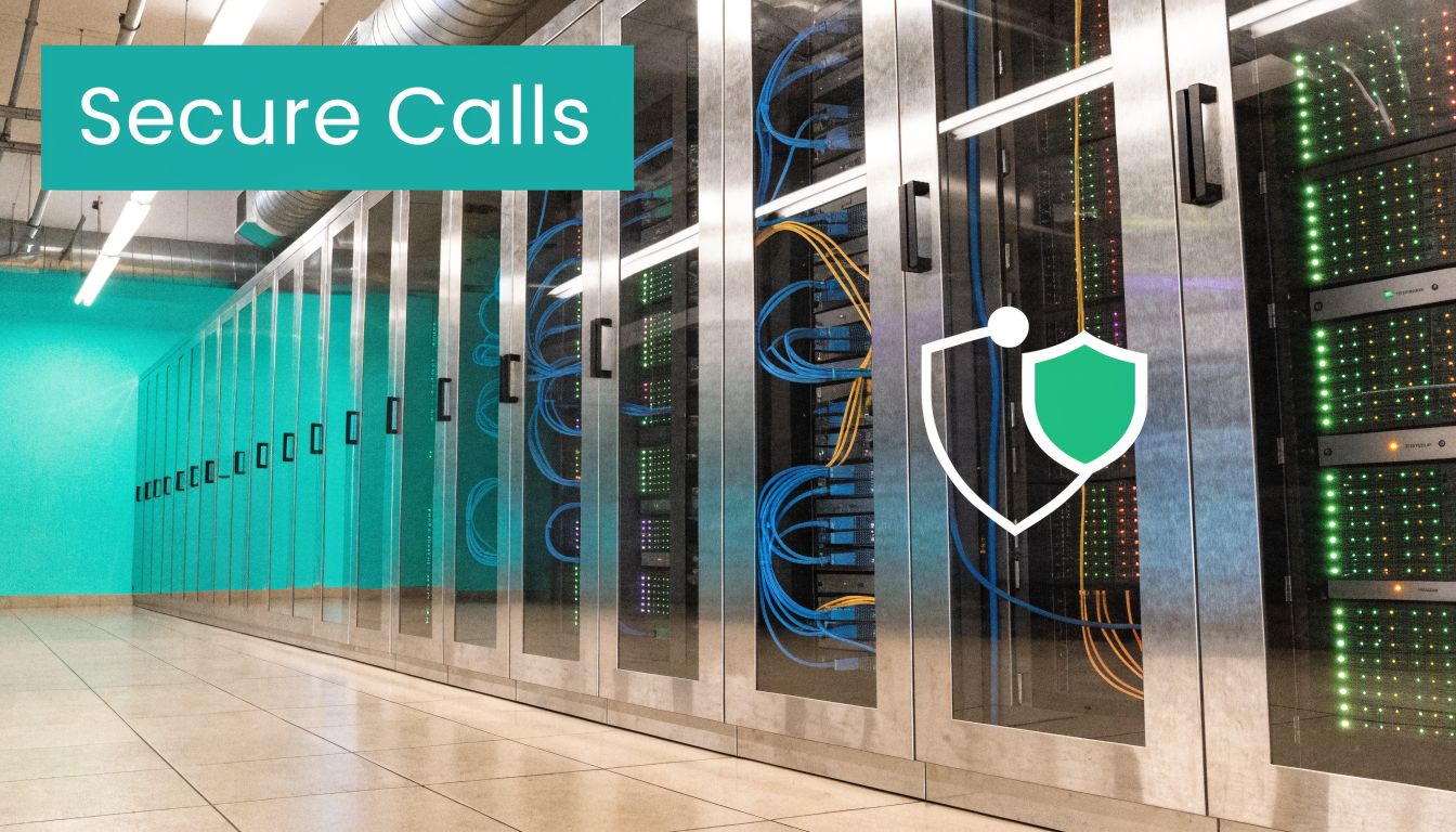 A secure server room with rows of computer racks and a shield icon representing data protection.