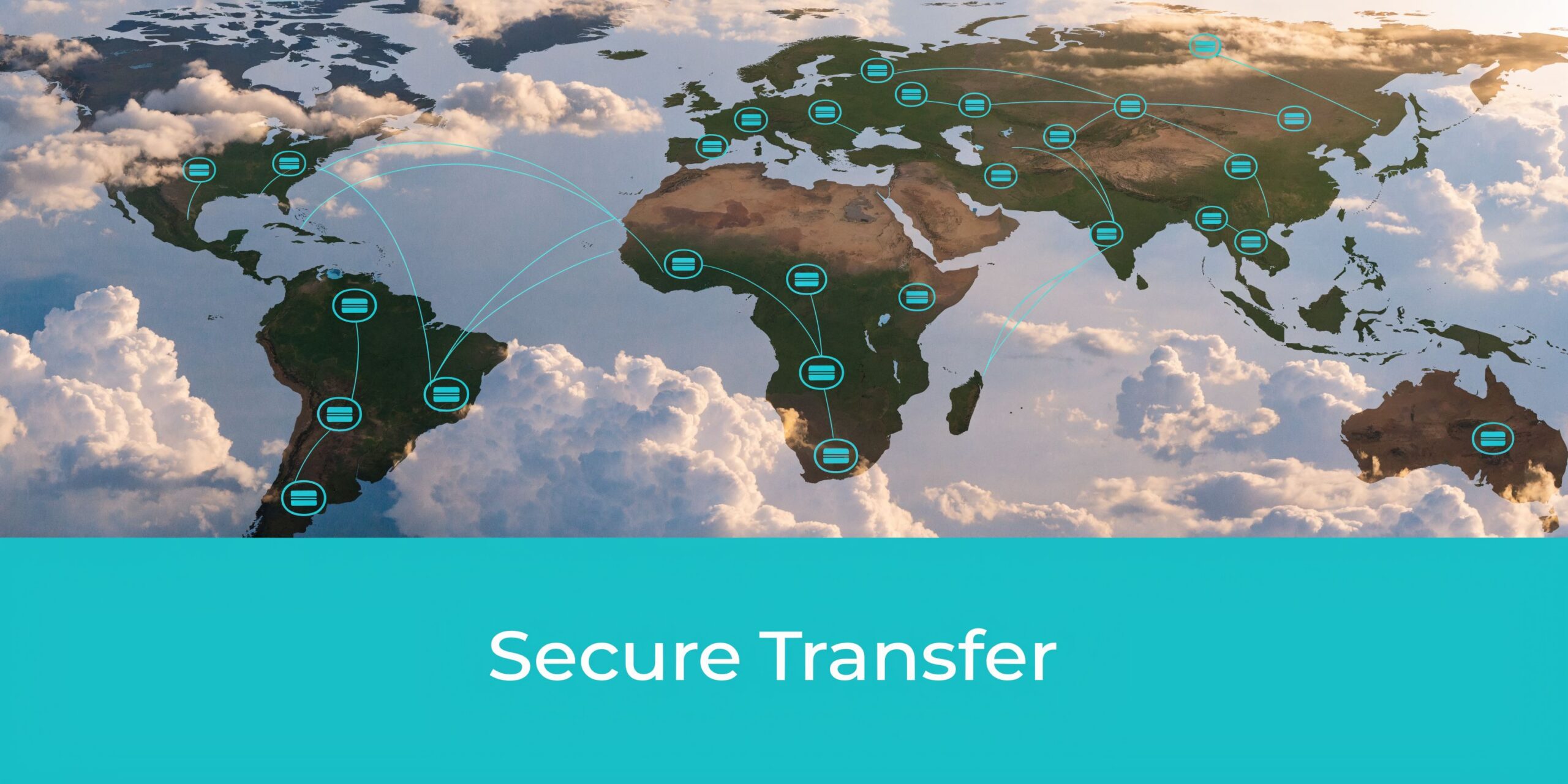 A map of the world showing interconnected global locations with credit card icons, signifying secure international financial transfers.