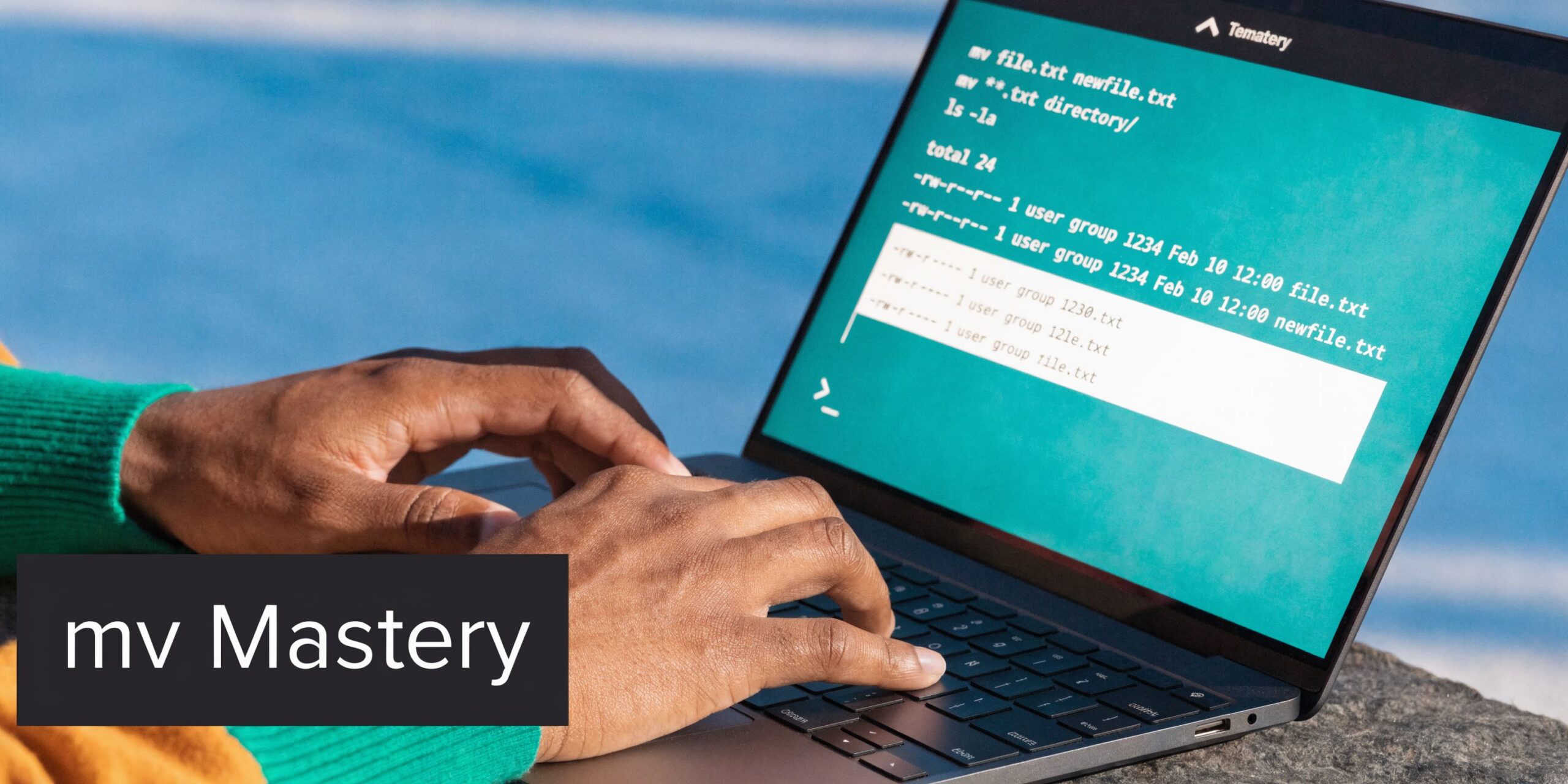 A person typing on a laptop screen displaying Linux move command tutorial for directory management.