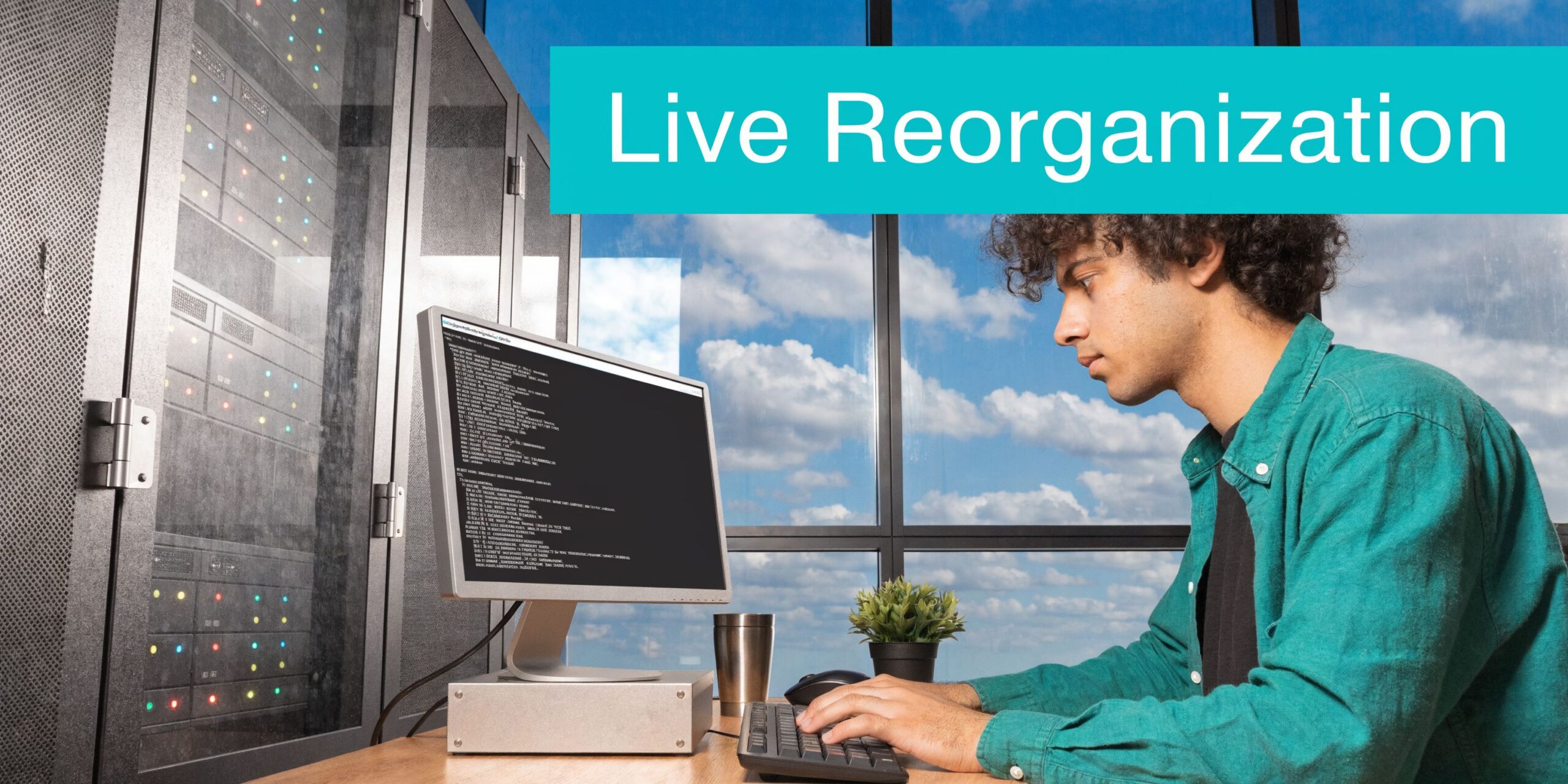 A young programmer working on a desktop computer in a server room, with text reading Live Reorganization above.