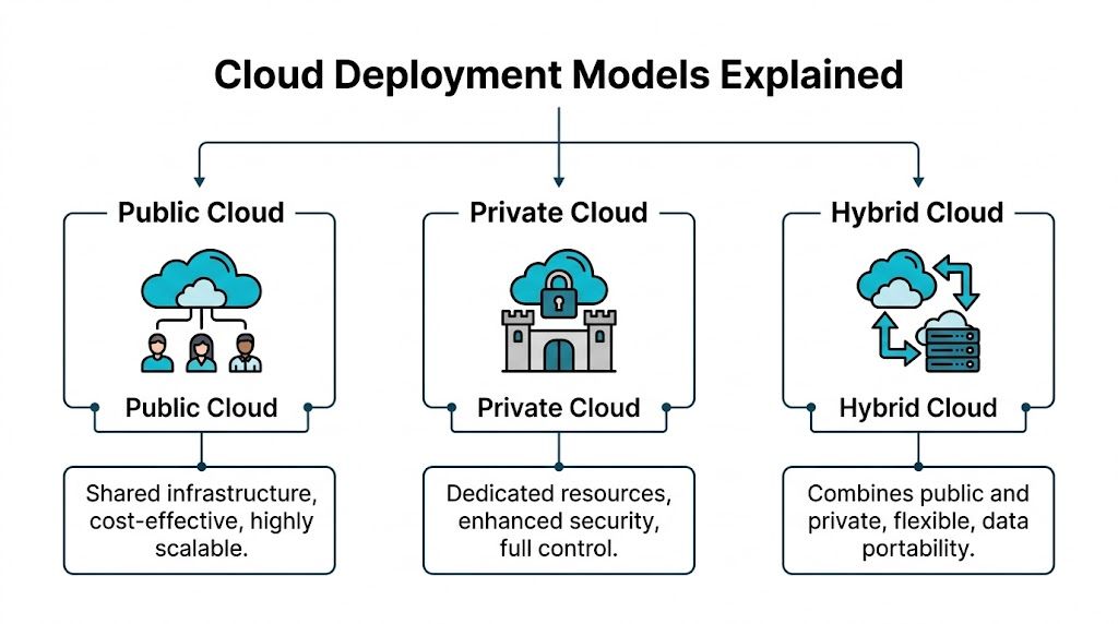 A diagram illustrating the differences between public, private, and hybrid cloud deployment models with descriptions.