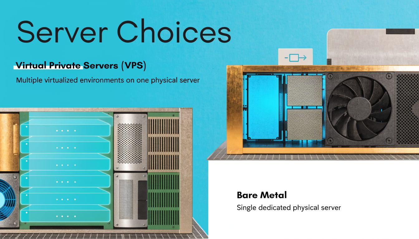 A visual comparison between Virtual Private Servers showing multiple virtual environments and Bare Metal single physical servers.