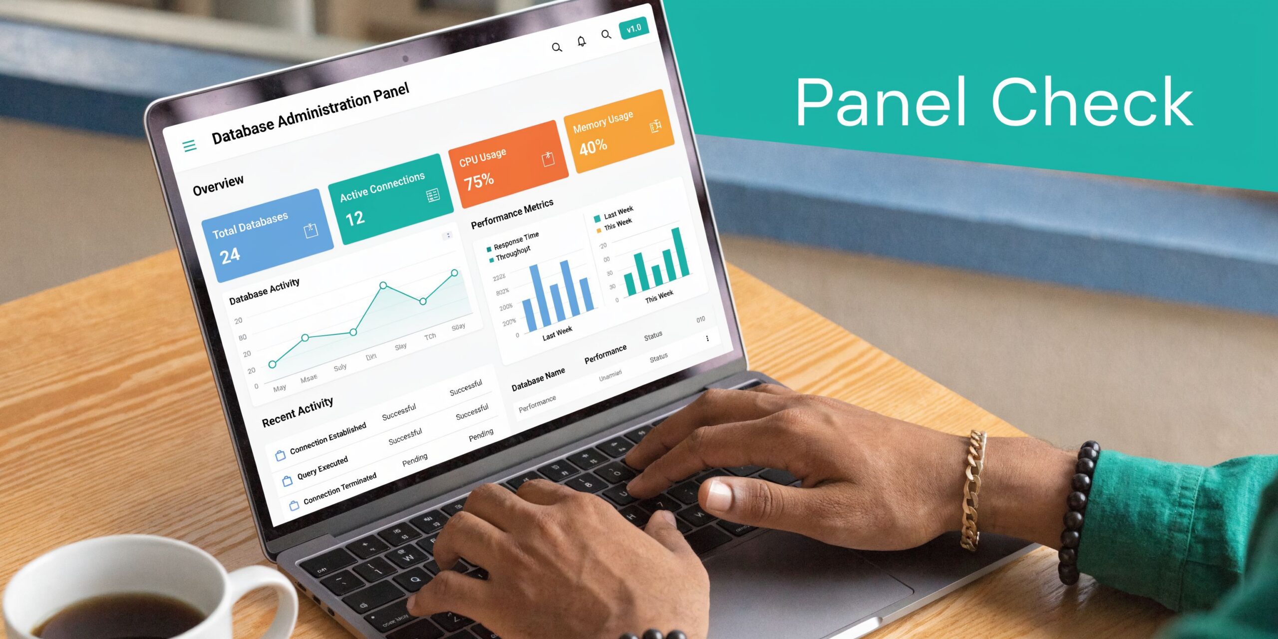 A person using a laptop displaying a database administration dashboard on a wooden desk with coffee.
