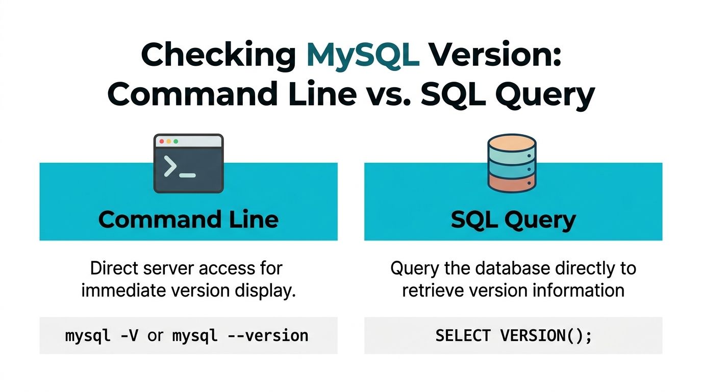 An infographic showing two ways to check MySQL version: command line terminal commands and SQL query.