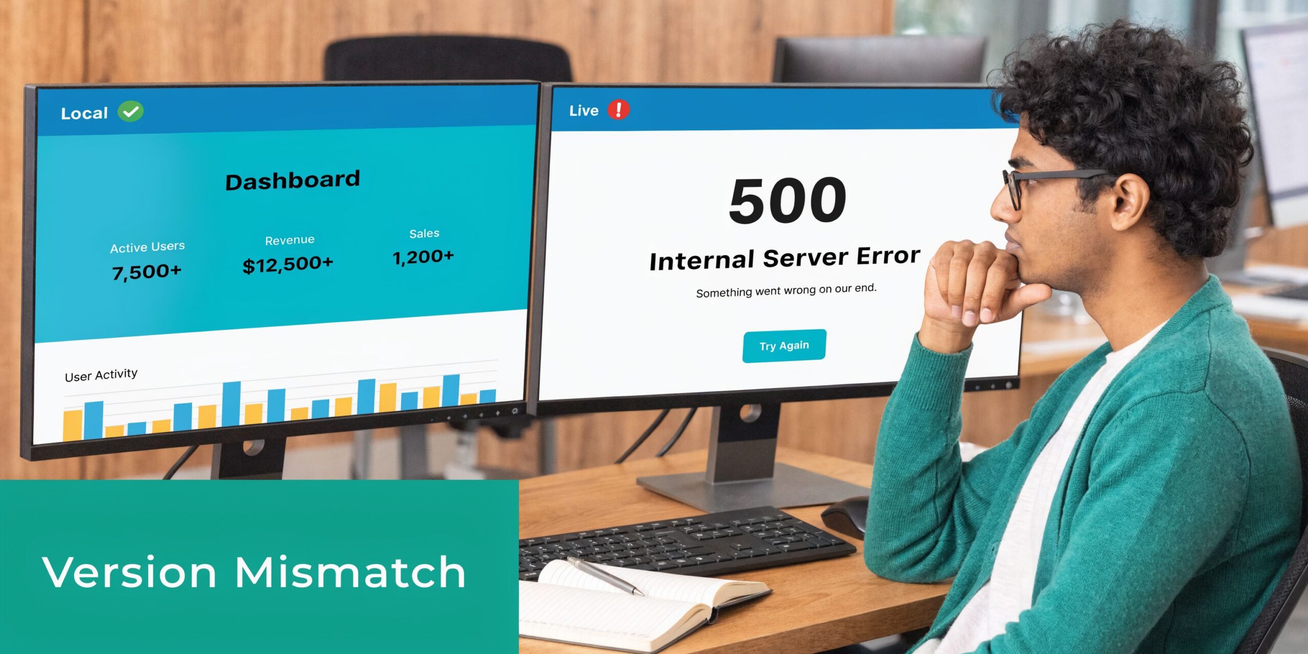 A developer looks concerned at two computer screens showing a working local dashboard and a live server error.