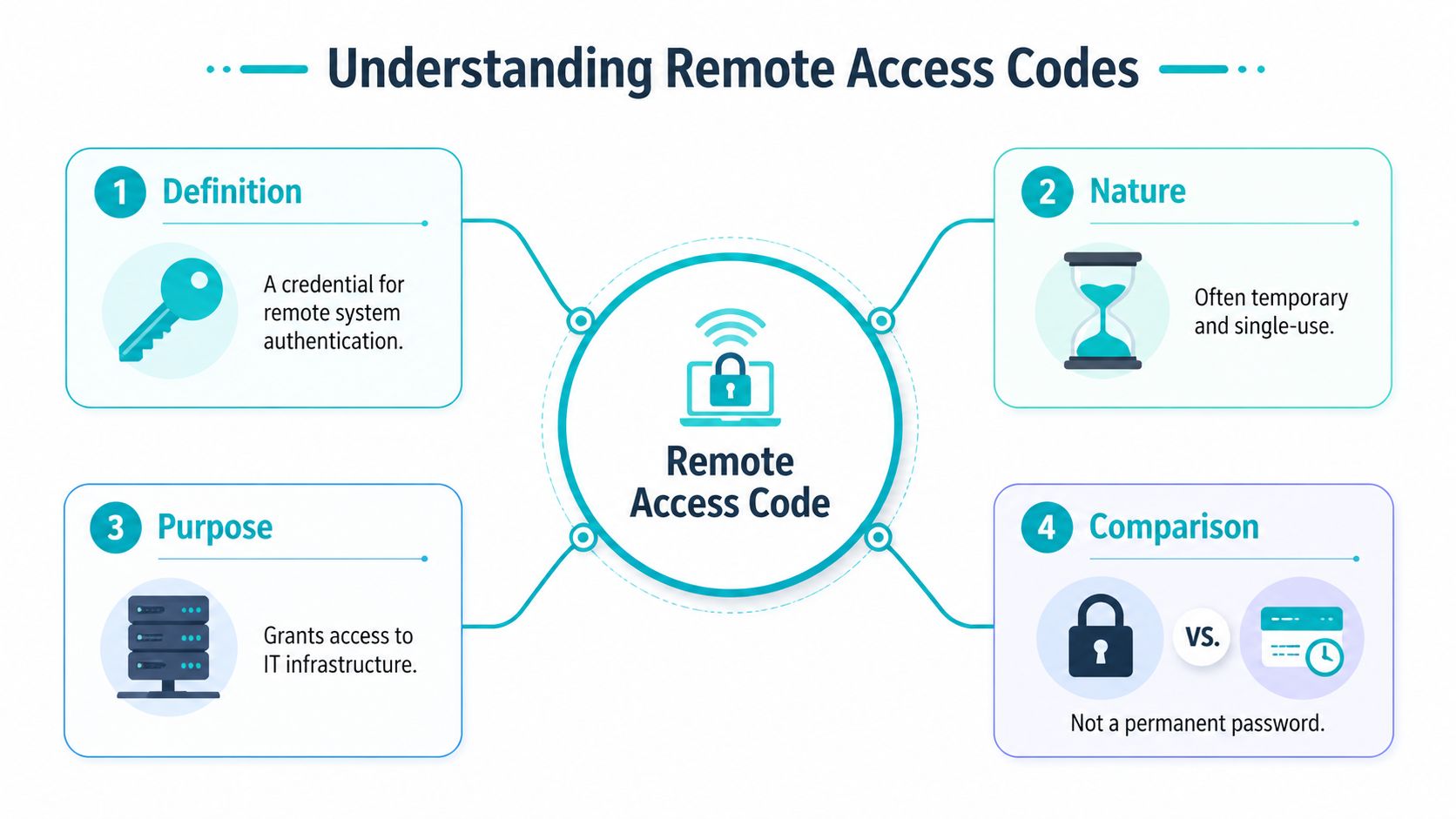 A diagram explaining remote access codes, covering their definition, temporary nature, purpose, and comparison to permanent passwords.