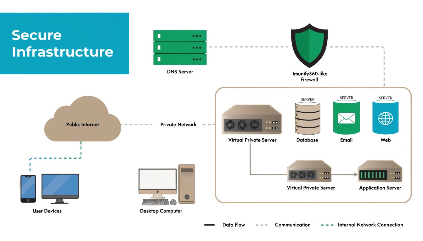 A diagram illustrating a secure IT infrastructure, including servers, firewalls, and internet connectivity for user devices.