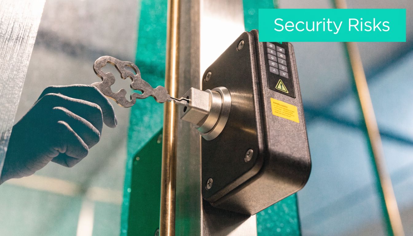 A gloved hand inserting an intricate metal key into a modern electronic security access control device.