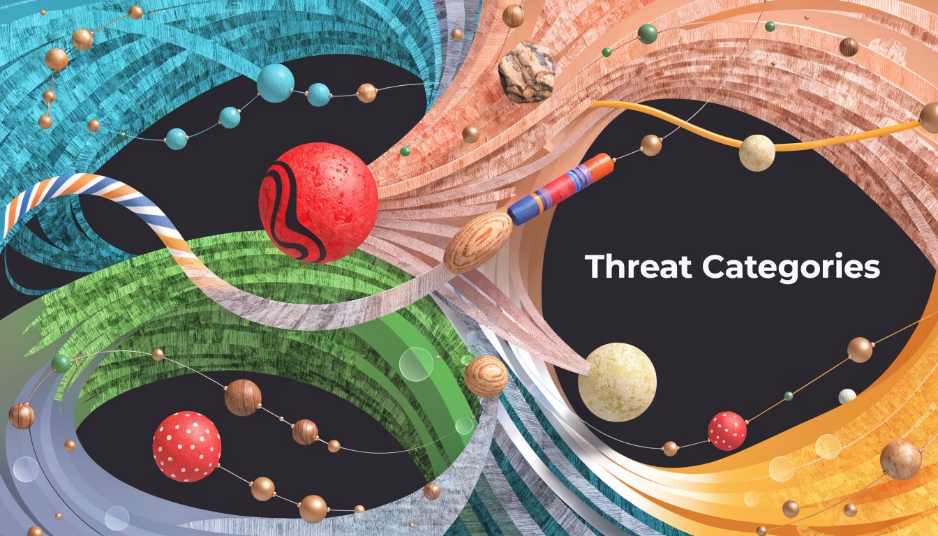 An artistic representation of digital security threats displayed with colorful, abstract swirling patterns and spherical shapes.