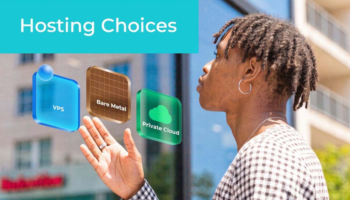 A person looking at floating 3D icons representing VPS, Bare Metal, and Private Cloud hosting options.
