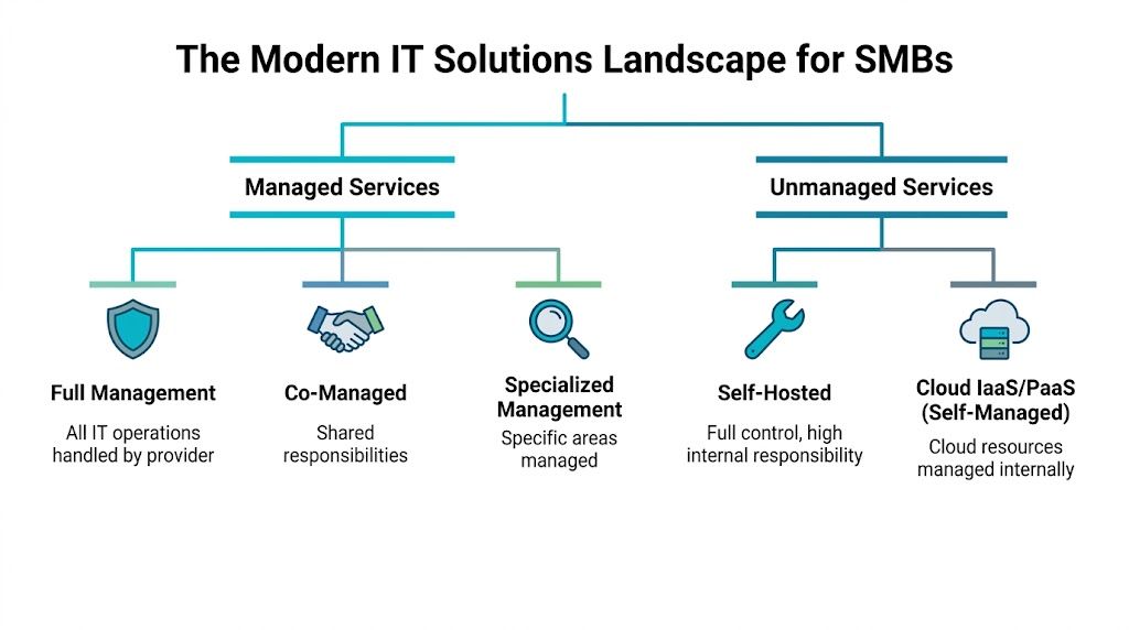 A diagram categorizing modern IT solutions for SMBs into managed services and unmanaged services models.