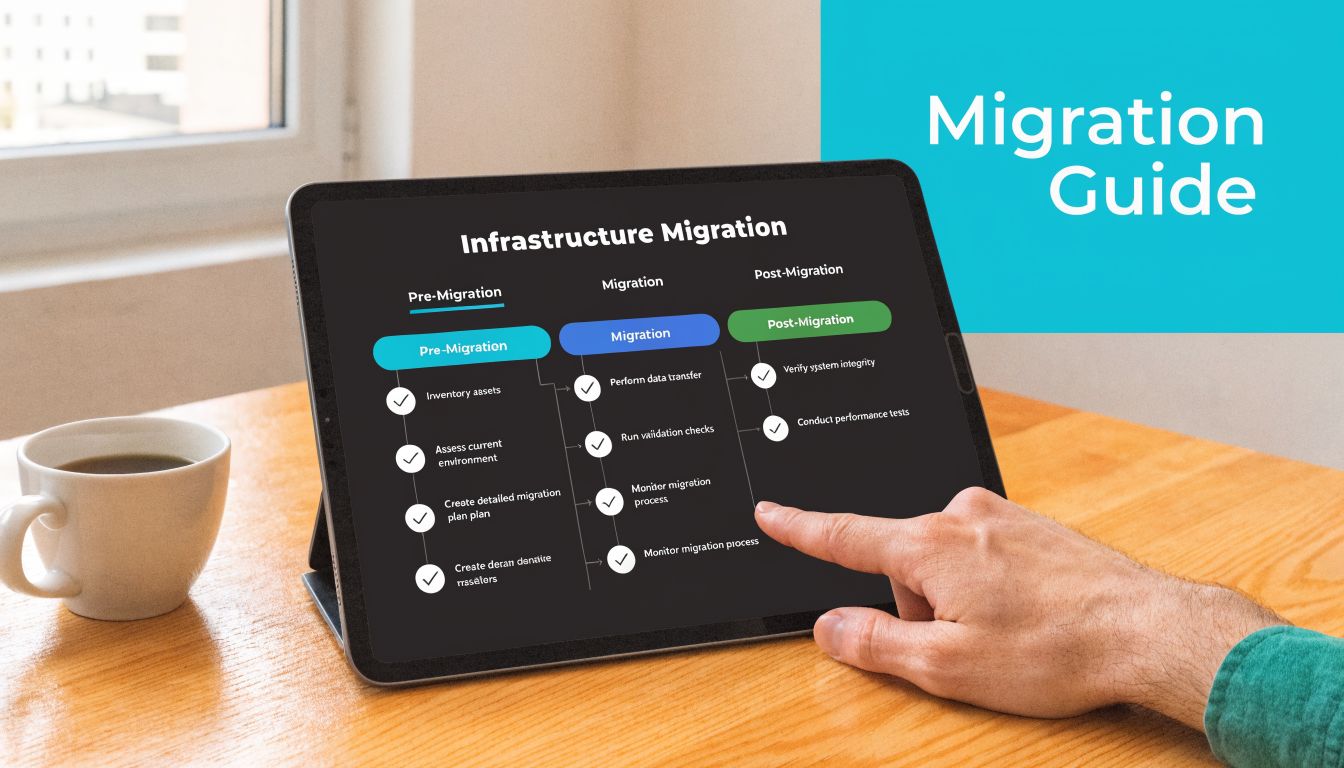 A person pointing at a digital tablet displaying an infrastructure migration guide process chart on a table.
