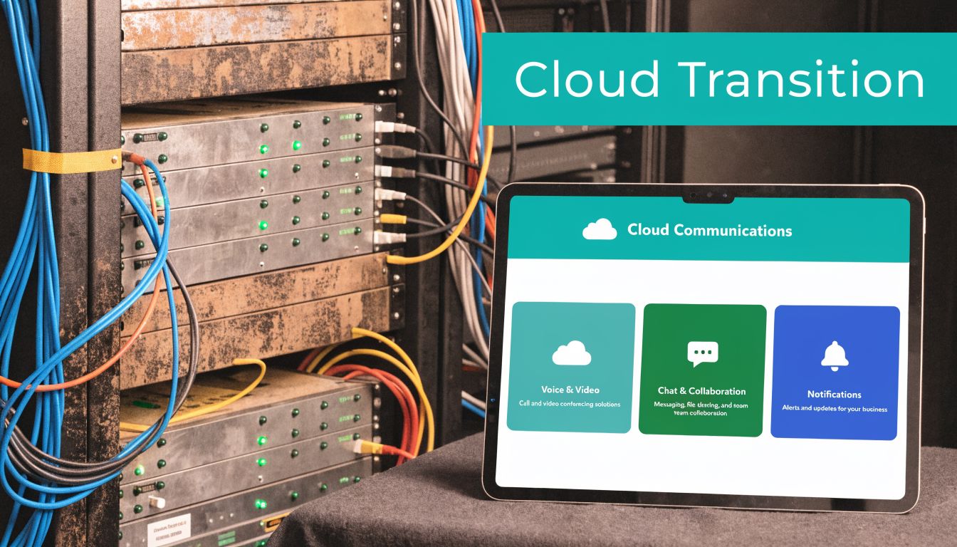 A digital tablet showing cloud communications services placed in front of a server rack with network cables.