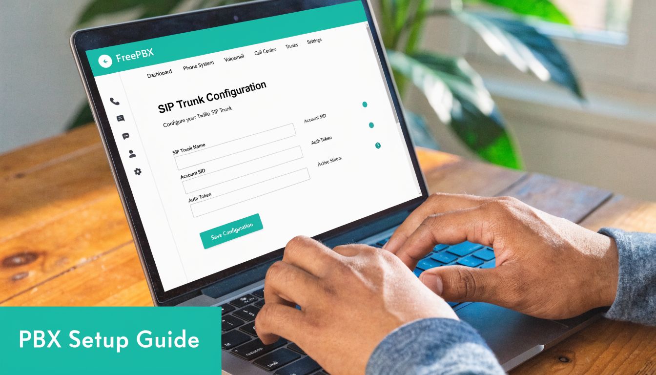 A person configuring a Twilio SIP trunk settings page on a laptop screen for a PBX setup.