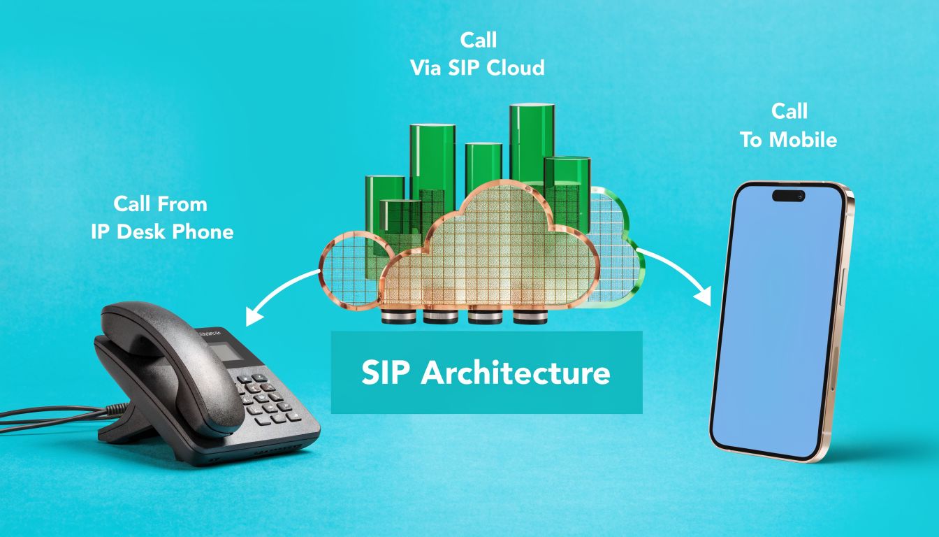 A diagram illustrating SIP architecture showing a call from an IP desk phone through the cloud to a mobile phone.