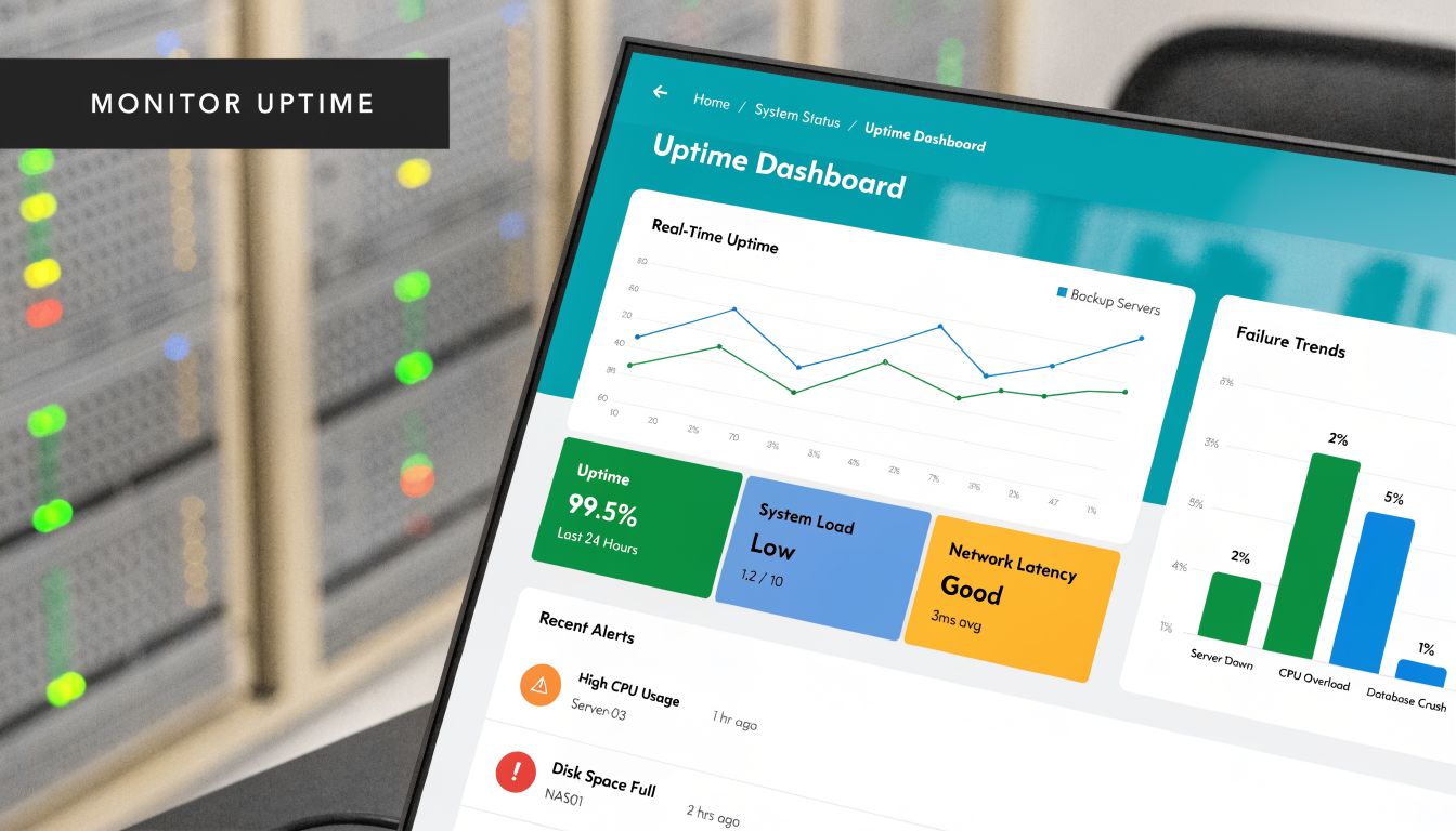 A digital screen displaying a comprehensive server uptime dashboard with performance metrics and server status alerts.