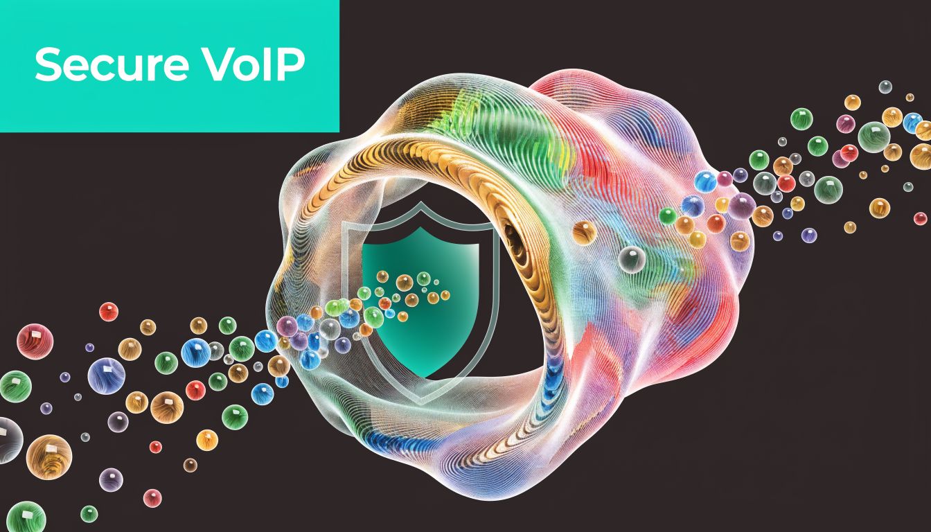 A digital representation of secure VoIP communications showing data bubbles passing through a protective shield.