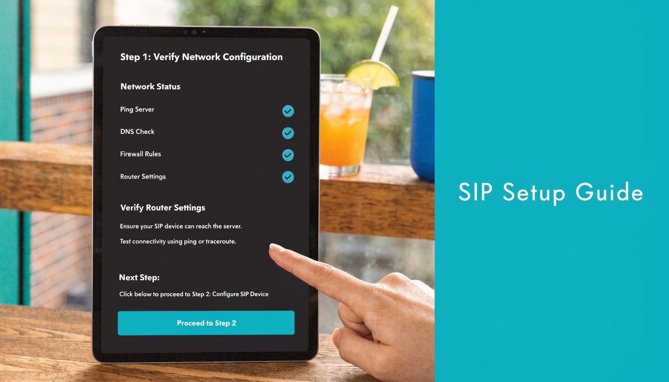 A hand touches a tablet screen displaying a SIP setup guide with network verification steps successfully completed.