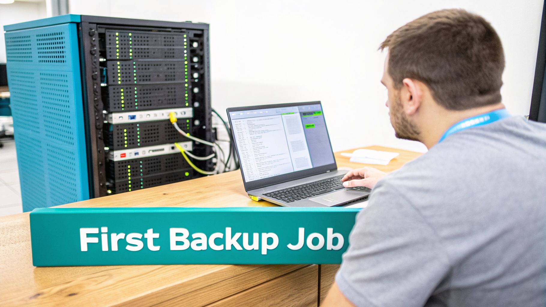 IT professional configuring a first backup job on a laptop, with a server rack in the background.