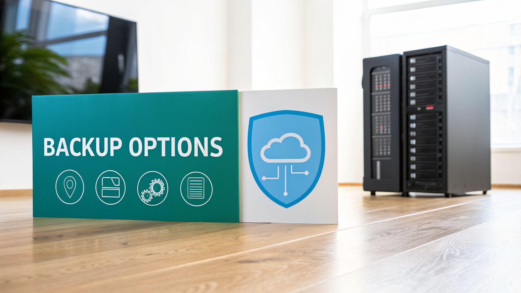 A green sign displays 'BACKUP OPTIONS' with icons, next to a white sign with a cloud shield, with server racks in the background.