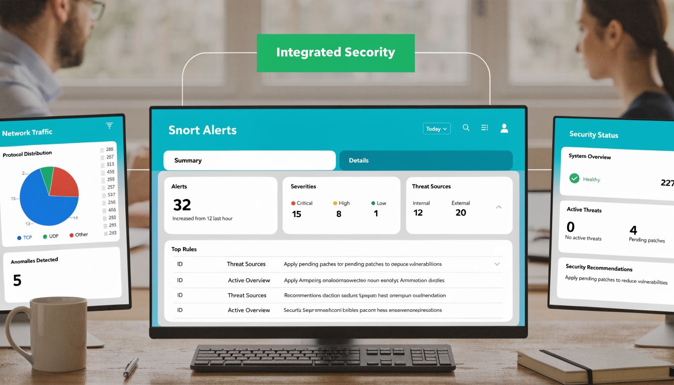 Computer screens displaying Snort alerts and network security monitoring dashboards in a modern office environment.