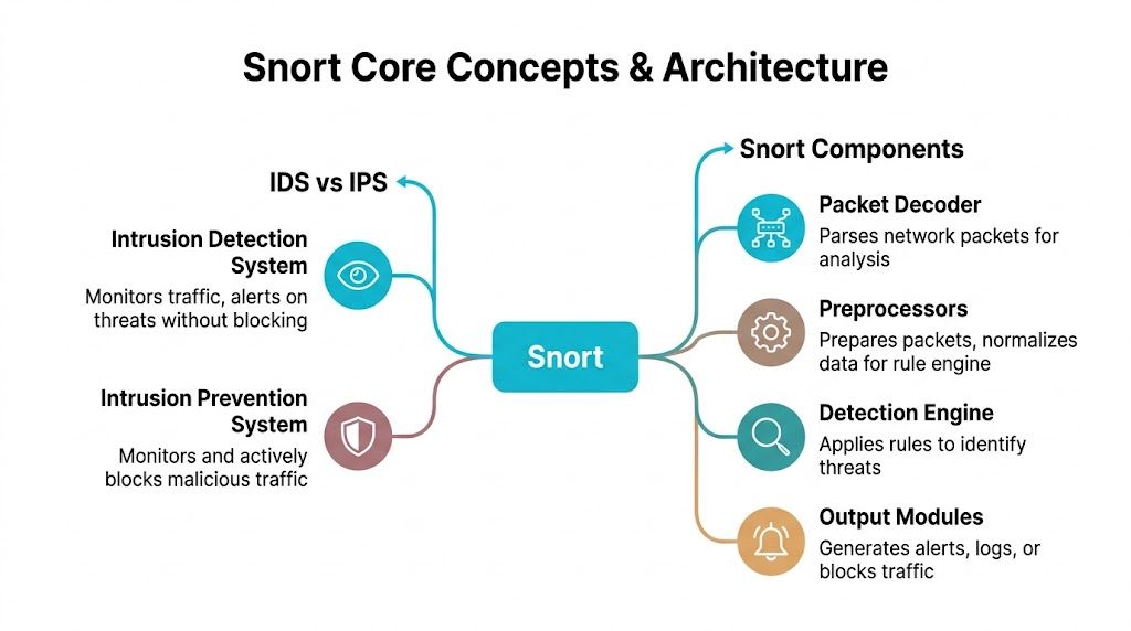A diagram illustrating Snort core concepts, architecture, and the difference between IDS and IPS systems.