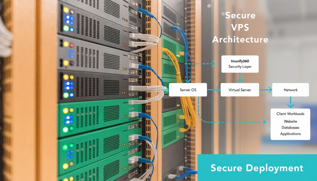A data center server rack showing a diagram of secure VPS architecture with security layers and workloads.