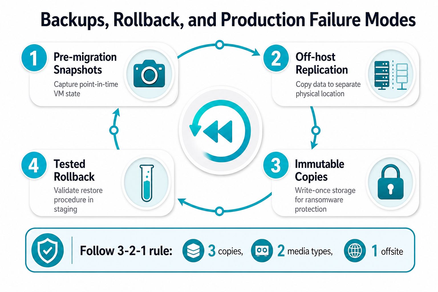 A diagram illustrating data backup, rollback procedures, and the 3-2-1 rule for cloud migration success.