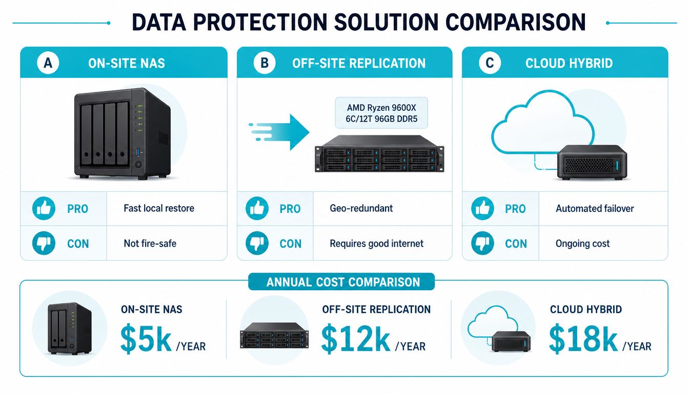 A comparison chart showing pros, cons, and annual costs of three data protection solutions for small businesses.