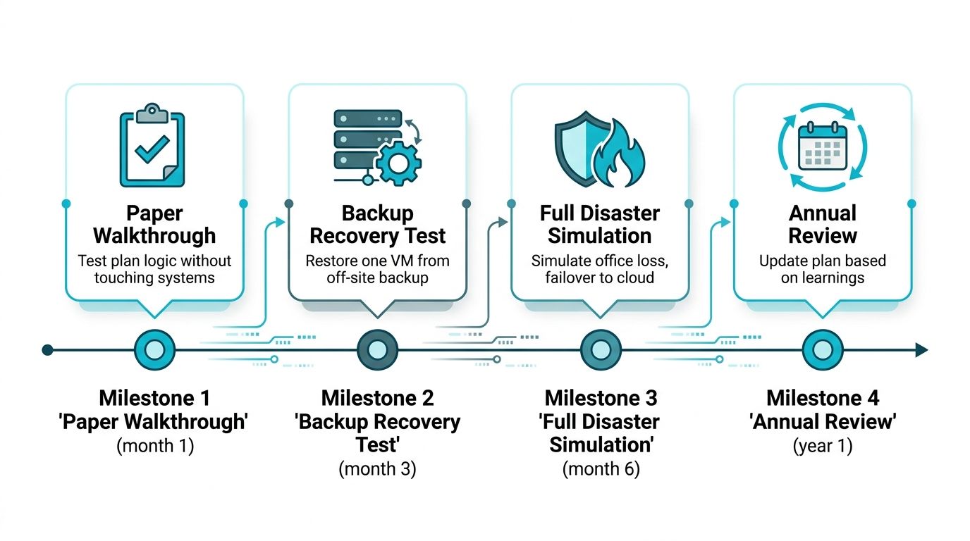 A four-step roadmap illustrating a disaster recovery plan for businesses from monthly testing to annual review.
